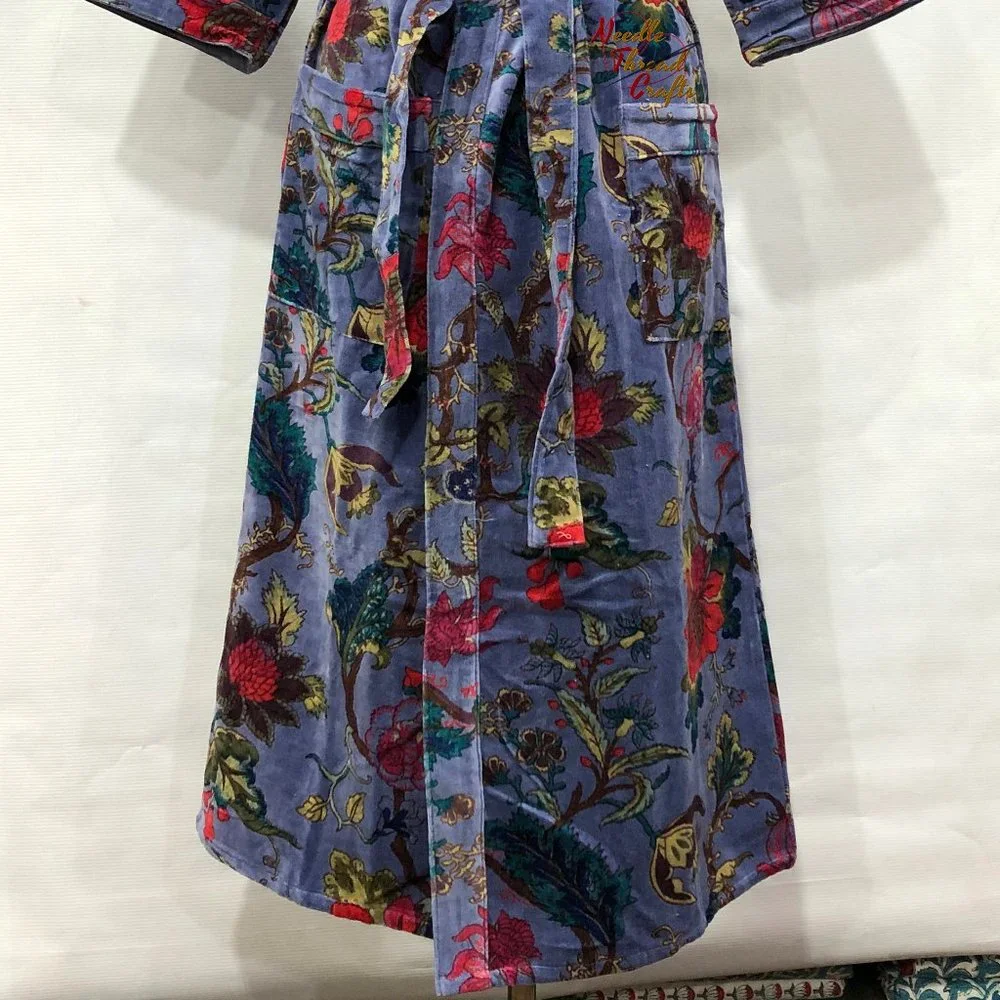 Floral Print Velvet Kimono Luxury Jacket, Party Boho Robe Lounge Wear - Unisex - Picture 9 of 16